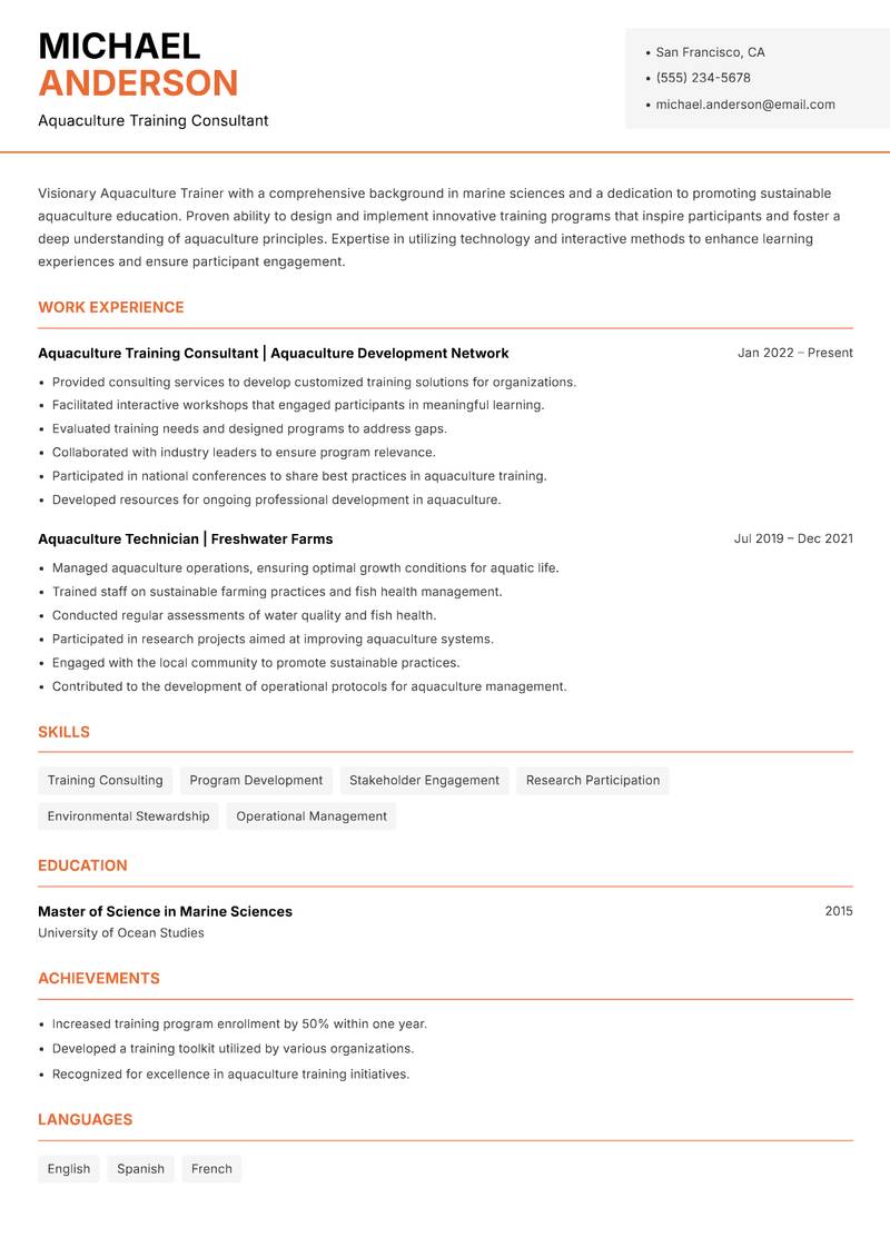 Aquaculture Trainer resume sample — Aquaculture Training Consultant focus