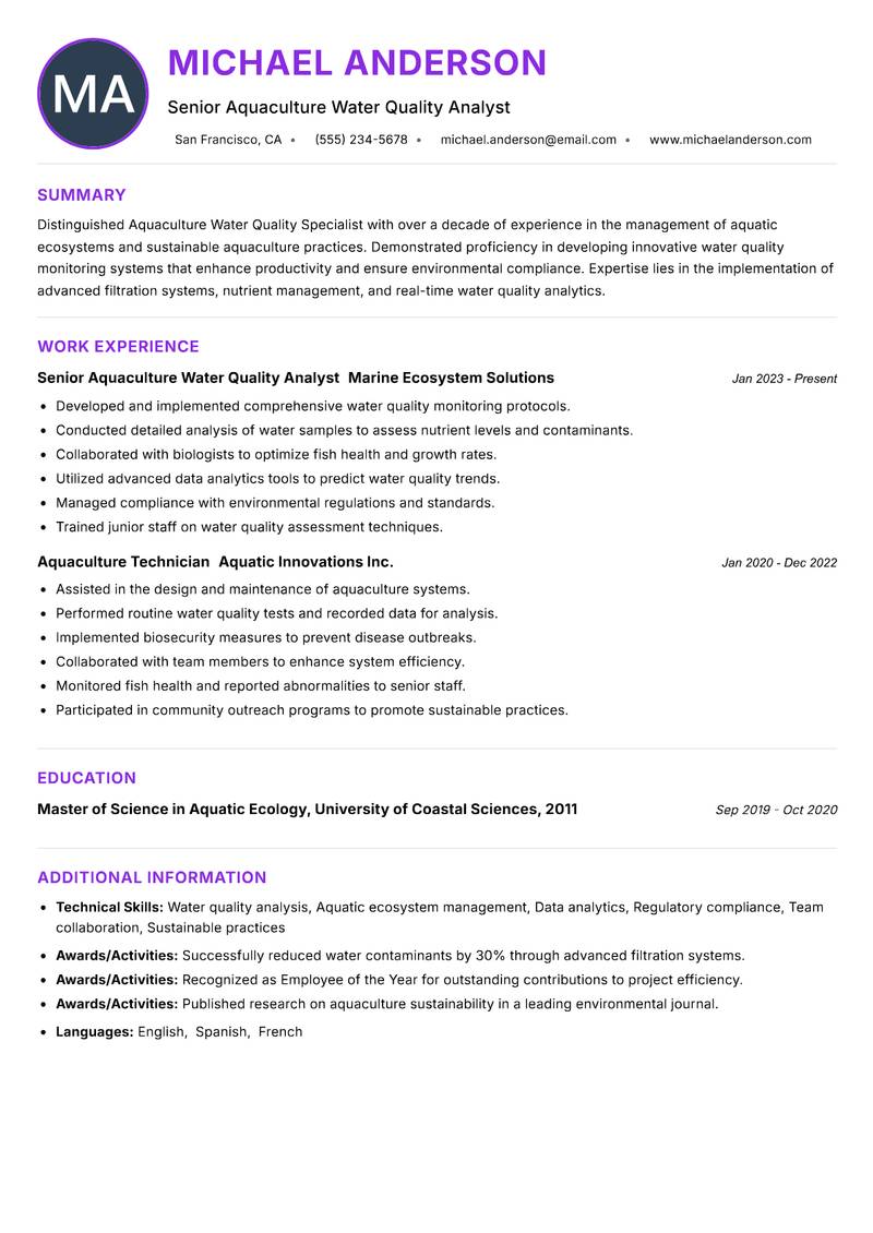Aquaculture Water Quality Specialist resume example