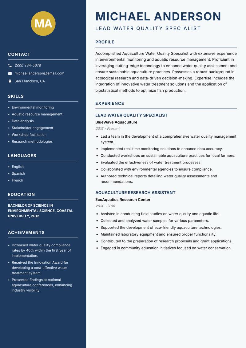 Aquaculture Water Quality Specialist resume sample — Lead Water Quality Specialist focus