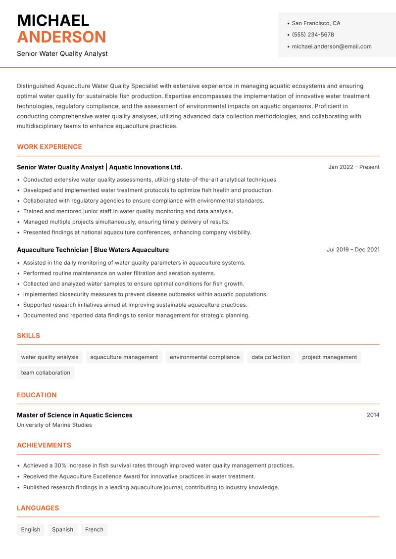Aquaculture Water Quality Specialist resume sample — Senior Water Quality Analyst focus