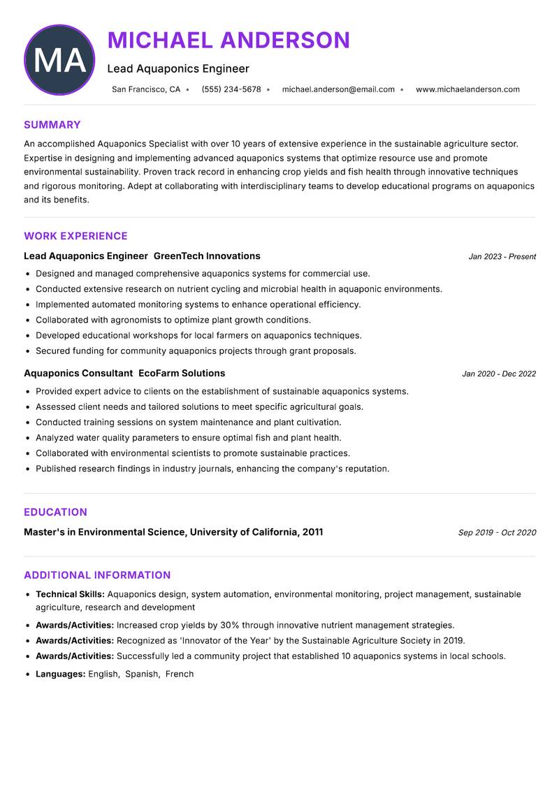Aquaponics Specialist resume example