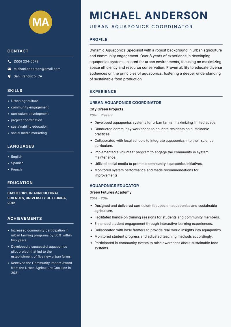 Aquaponics Specialist resume sample — Urban Aquaponics Coordinator focus