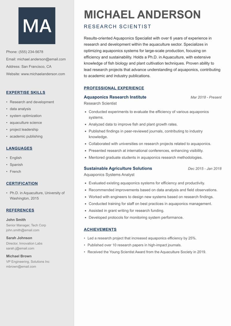Aquaponics Specialist resume sample — Research Scientist focus