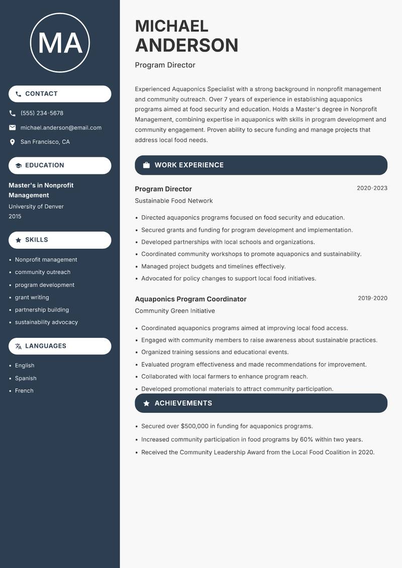 Aquaponics Specialist resume sample — Program Director focus