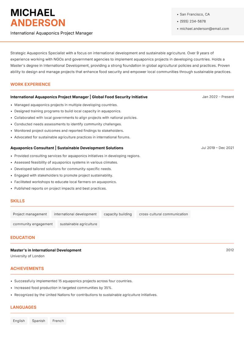 Aquaponics Specialist resume sample — International Aquaponics Project Manager focus