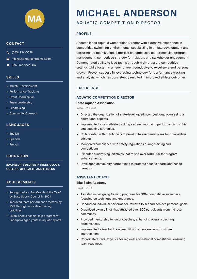Aquatic Competition Director resume sample — Aquatic Competition Director focus