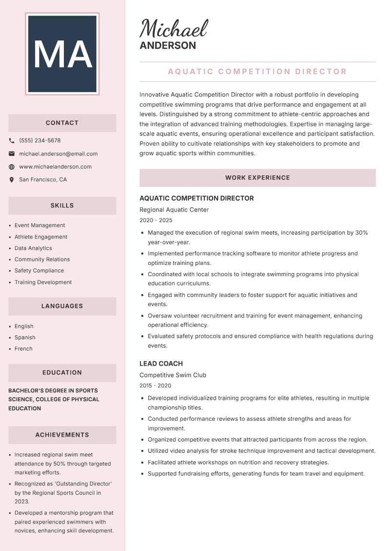 Aquatic Competition Director resume sample — Aquatic Competition Director focus