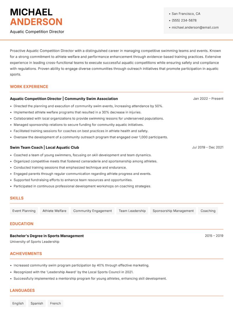 Aquatic Competition Director resume sample — Aquatic Competition Director focus