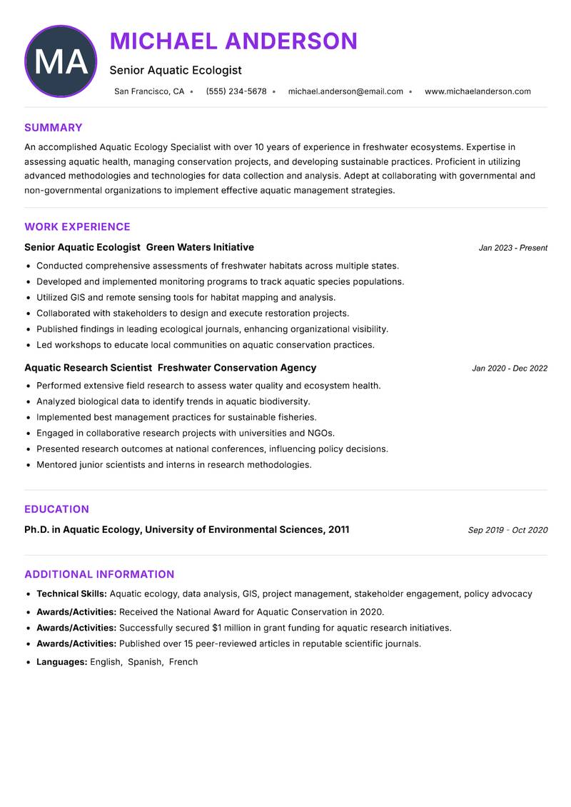 Aquatic Ecology Specialist resume example