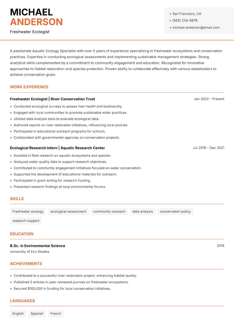 Aquatic Ecology Specialist resume sample — Freshwater Ecologist focus