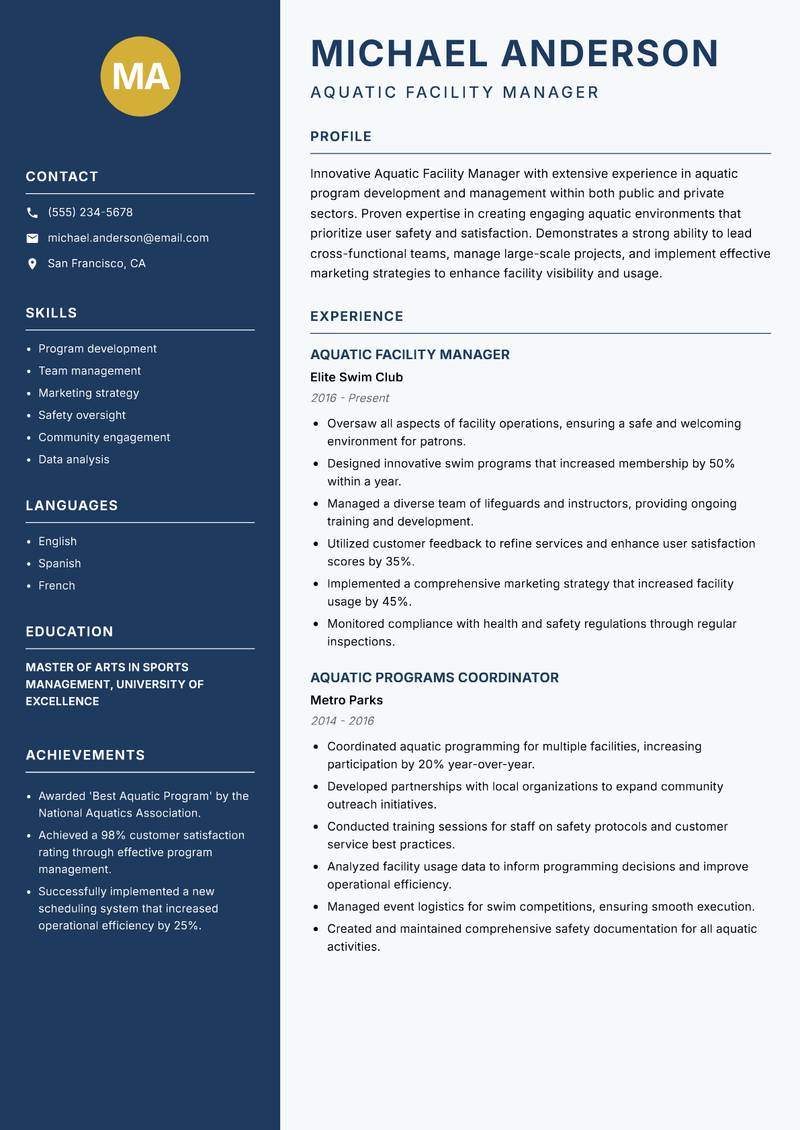 Aquatic Facility Manager resume sample — Aquatic Facility Manager focus