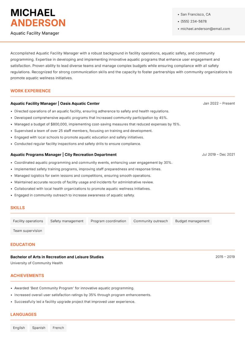 Aquatic Facility Manager resume sample — Aquatic Facility Manager focus