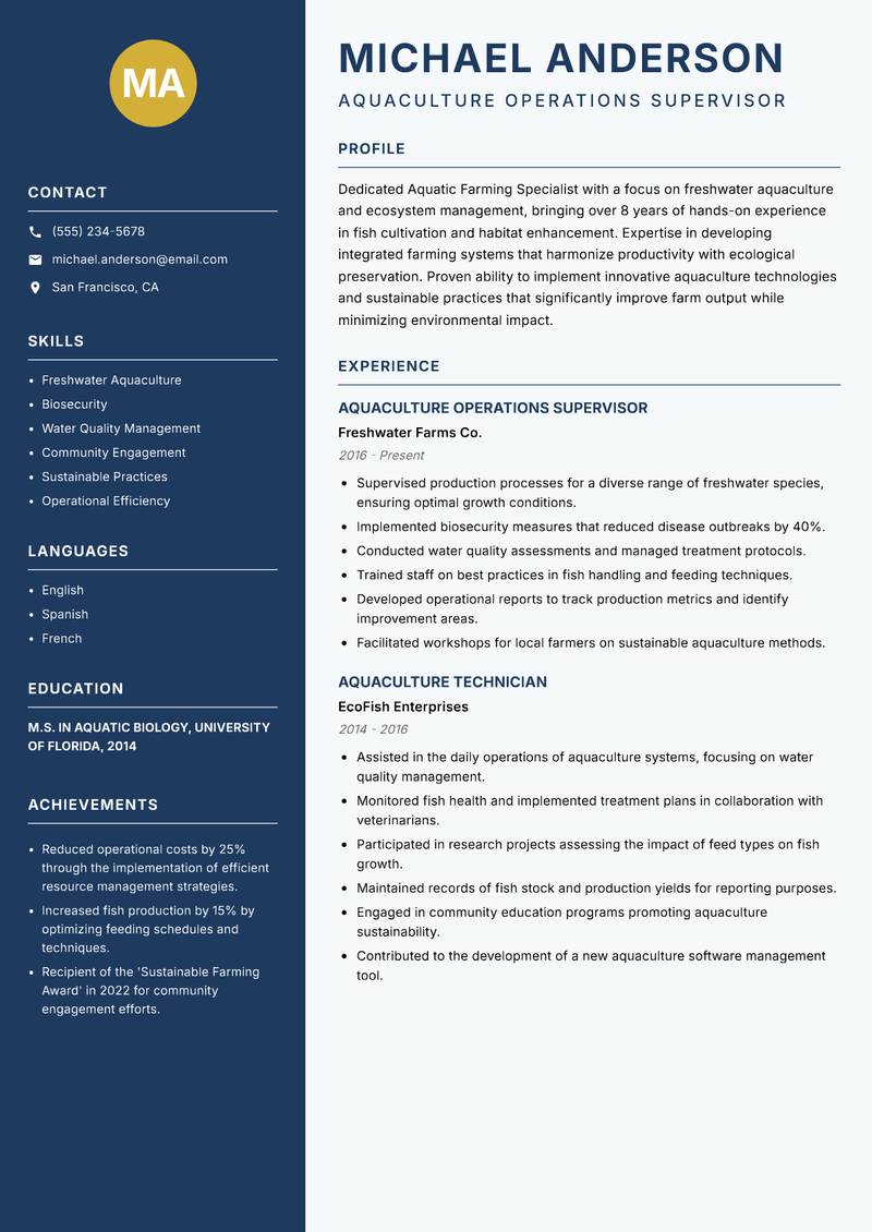 Aquatic Farming Specialist resume sample — Aquaculture Operations Supervisor focus