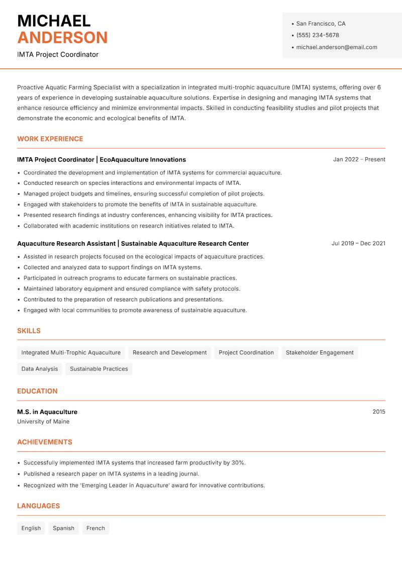 Aquatic Farming Specialist resume sample — IMTA Project Coordinator focus