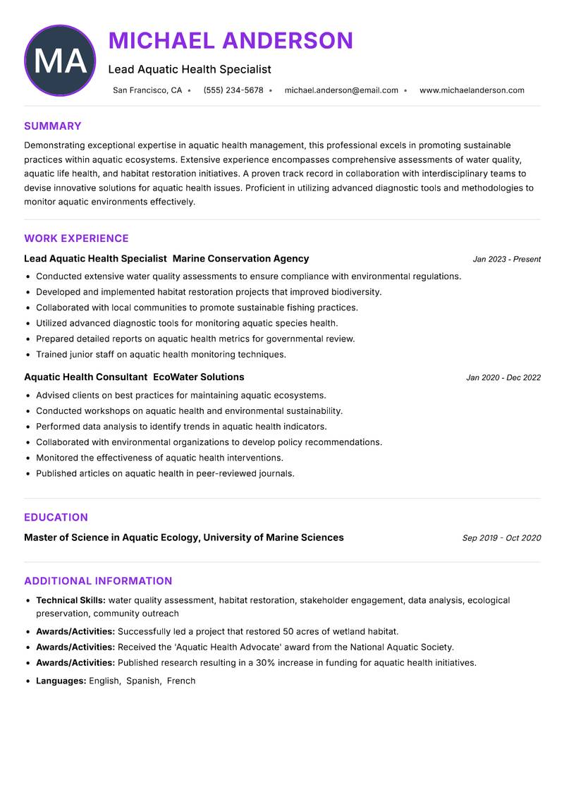 Aquatic Health Specialist resume example