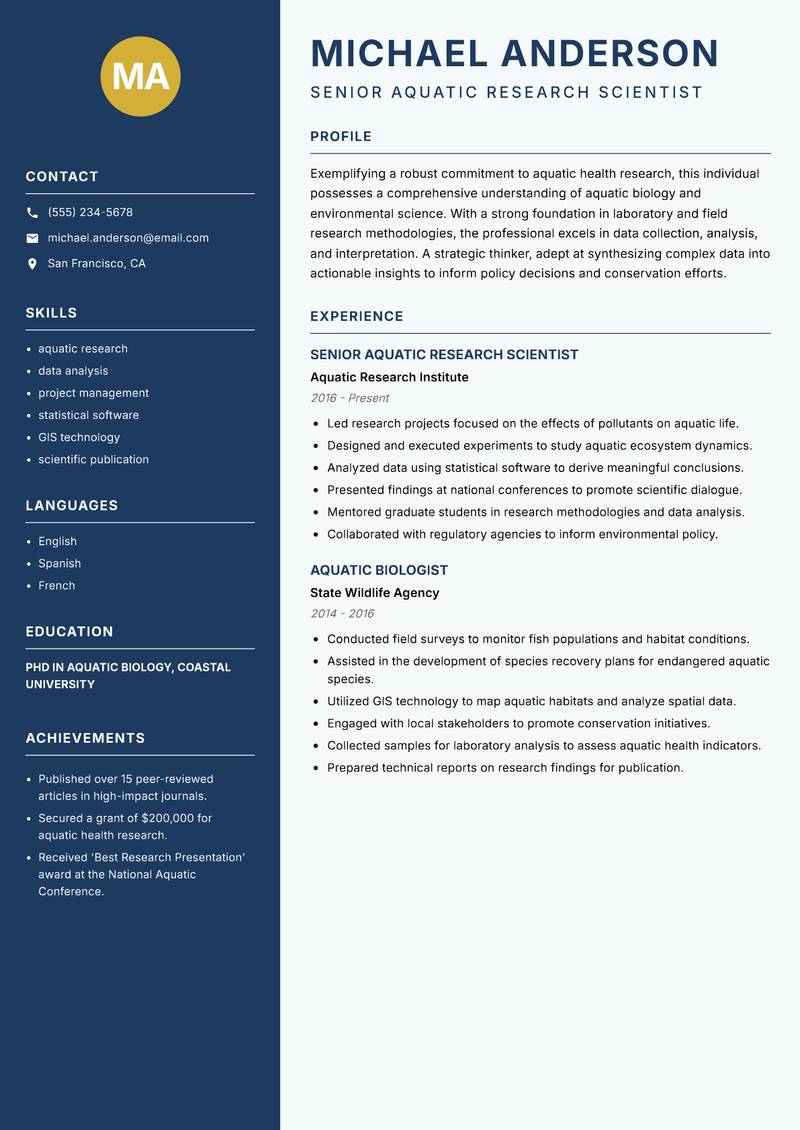 Aquatic Health Specialist resume sample — Senior Aquatic Research Scientist focus