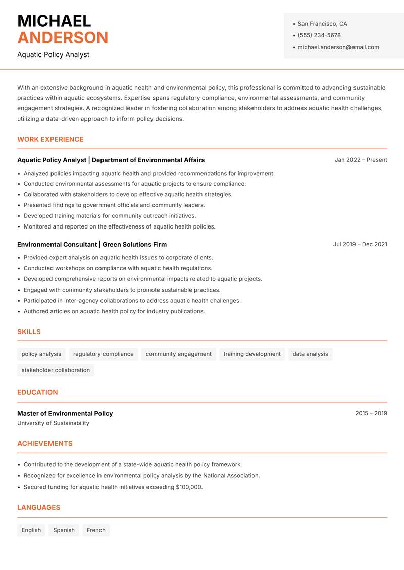 Aquatic Health Specialist resume sample — Aquatic Policy Analyst focus