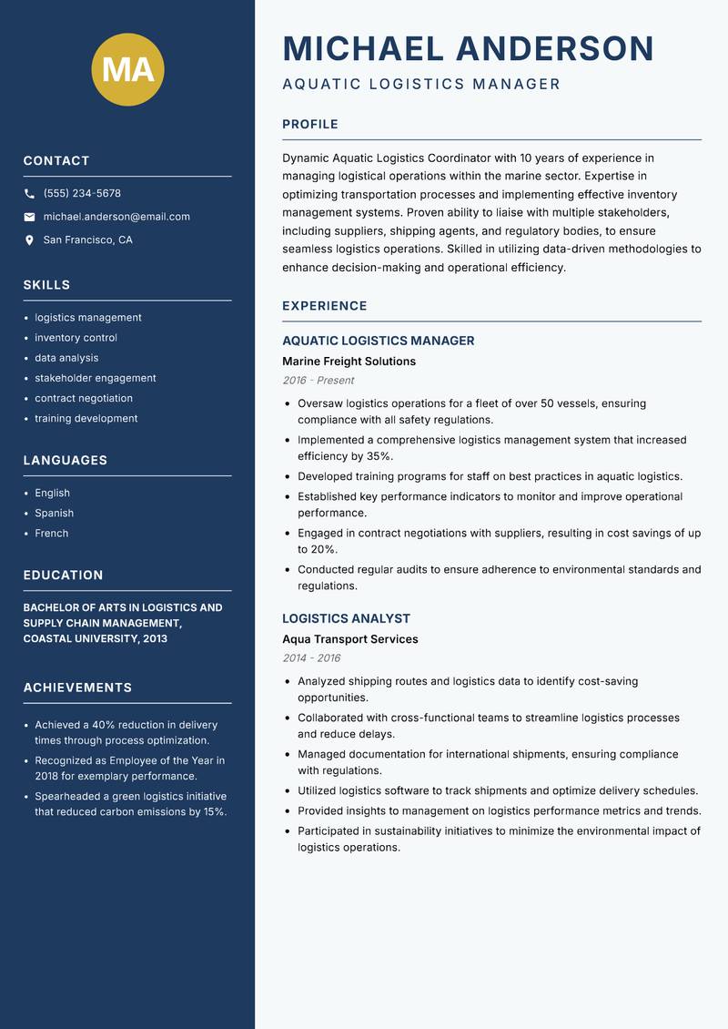 Aquatic Logistics Coordinator resume sample — Aquatic Logistics Manager focus