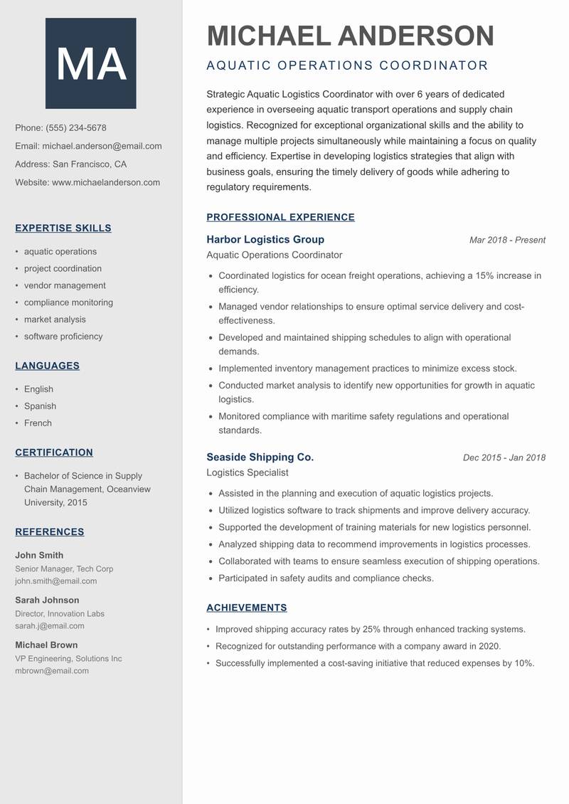 Aquatic Logistics Coordinator resume sample — Aquatic Operations Coordinator focus