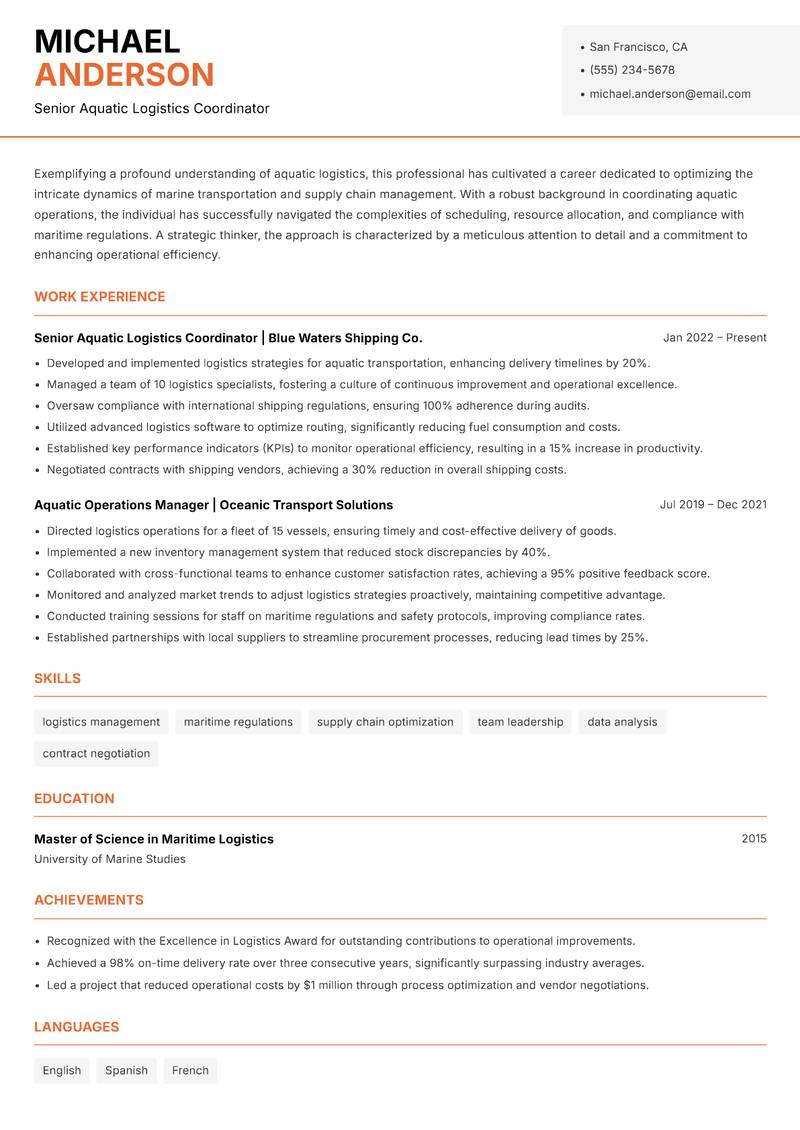 Aquatic Logistics Coordinator resume sample — Senior Aquatic Logistics Coordinator focus
