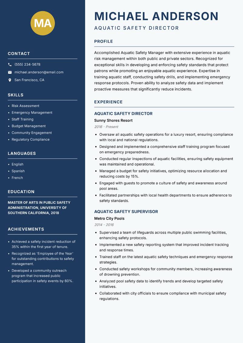 Aquatic Safety Manager resume sample — Aquatic Safety Director focus