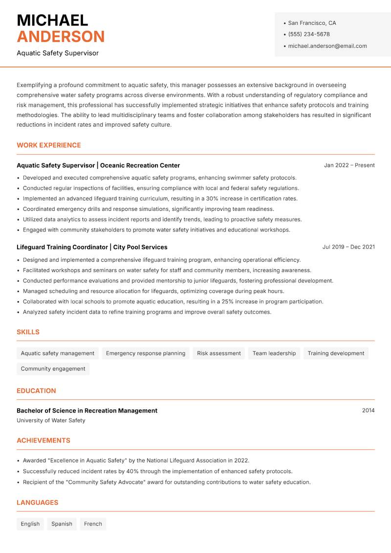 Aquatic Safety Manager resume sample — Aquatic Safety Supervisor focus