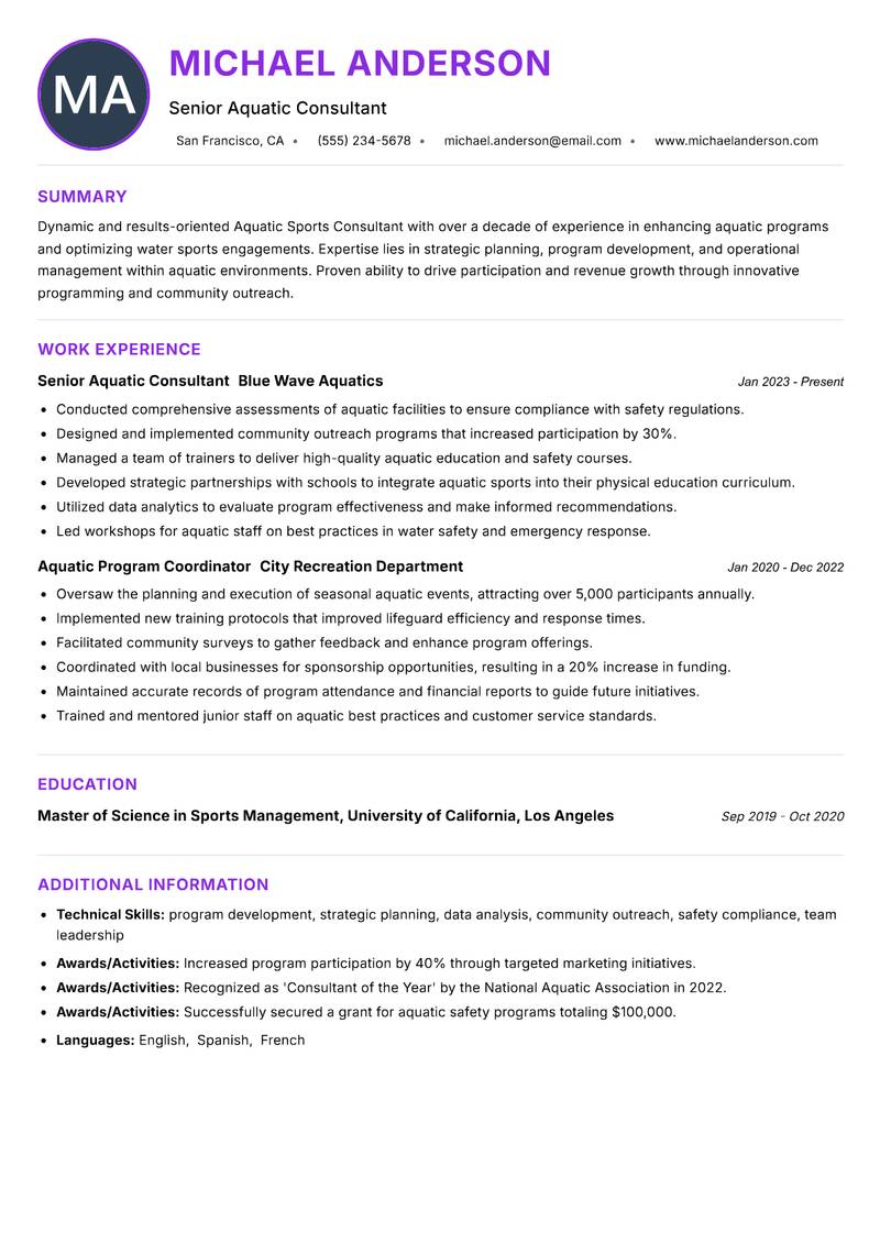Aquatic Sports Consultant resume example