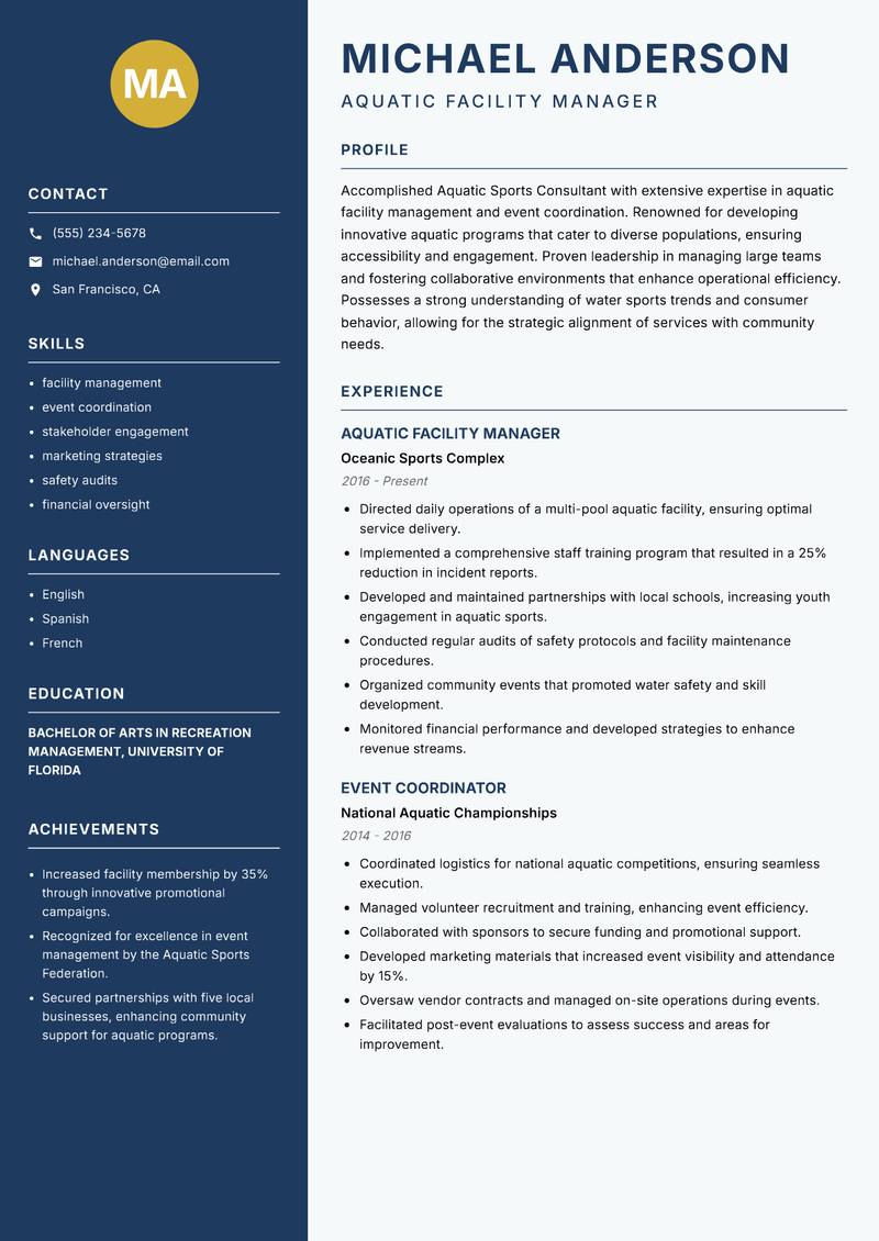 Aquatic Sports Consultant resume sample — Aquatic Facility Manager focus