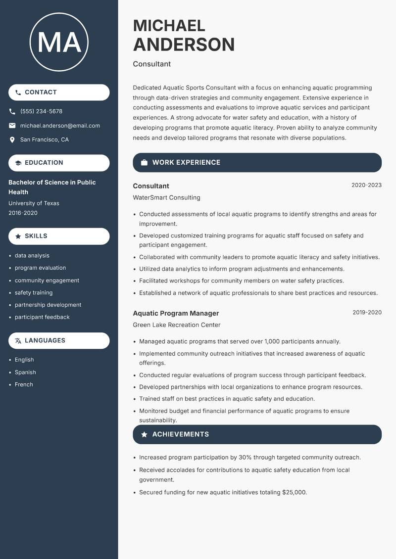 Aquatic Sports Consultant resume sample — Consultant focus