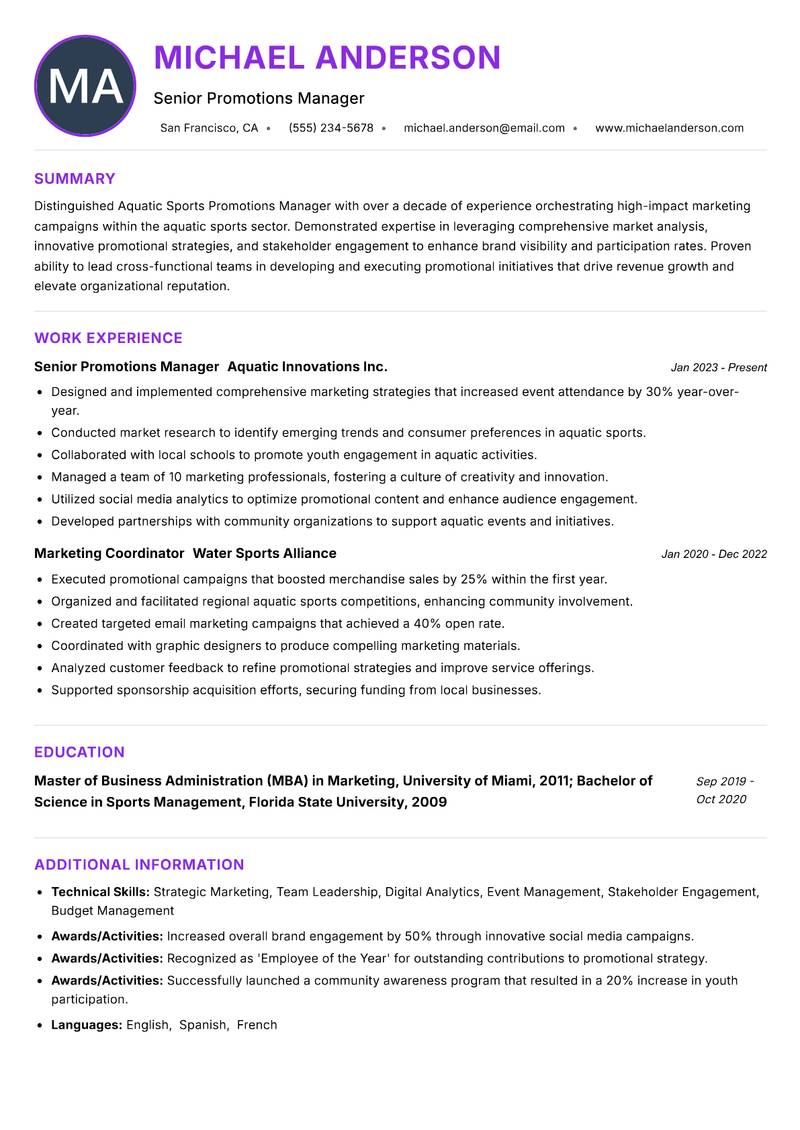Aquatic Sports Promotions Manager resume example