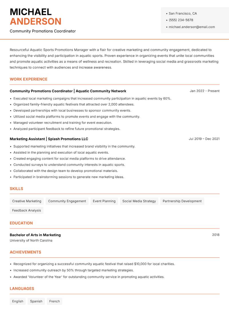 Aquatic Sports Promotions Manager resume sample — Community Promotions Coordinator focus