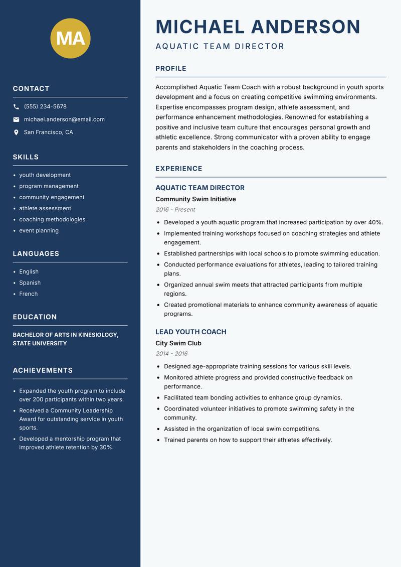 Aquatic Team Coach resume sample — Aquatic Team Director focus