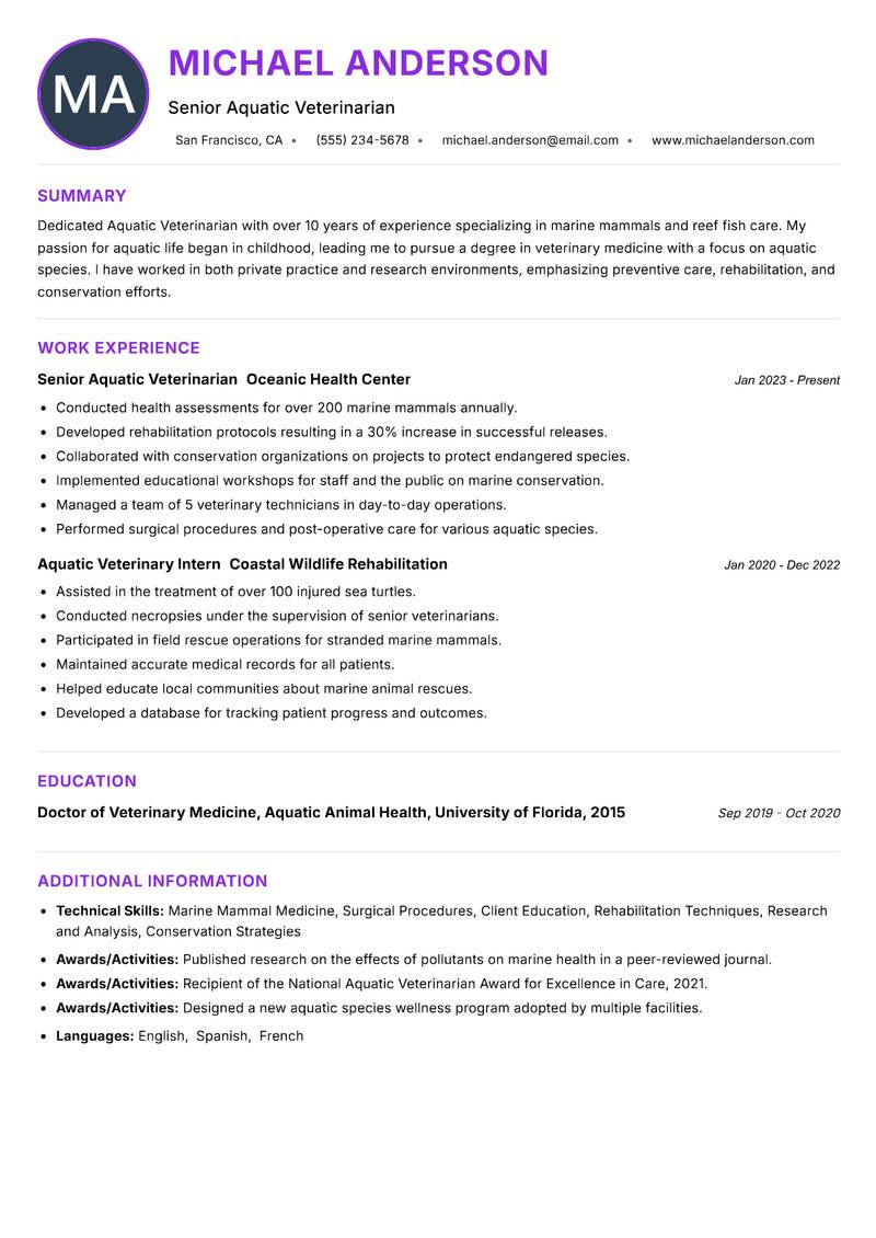 Aquatic Veterinarian resume example
