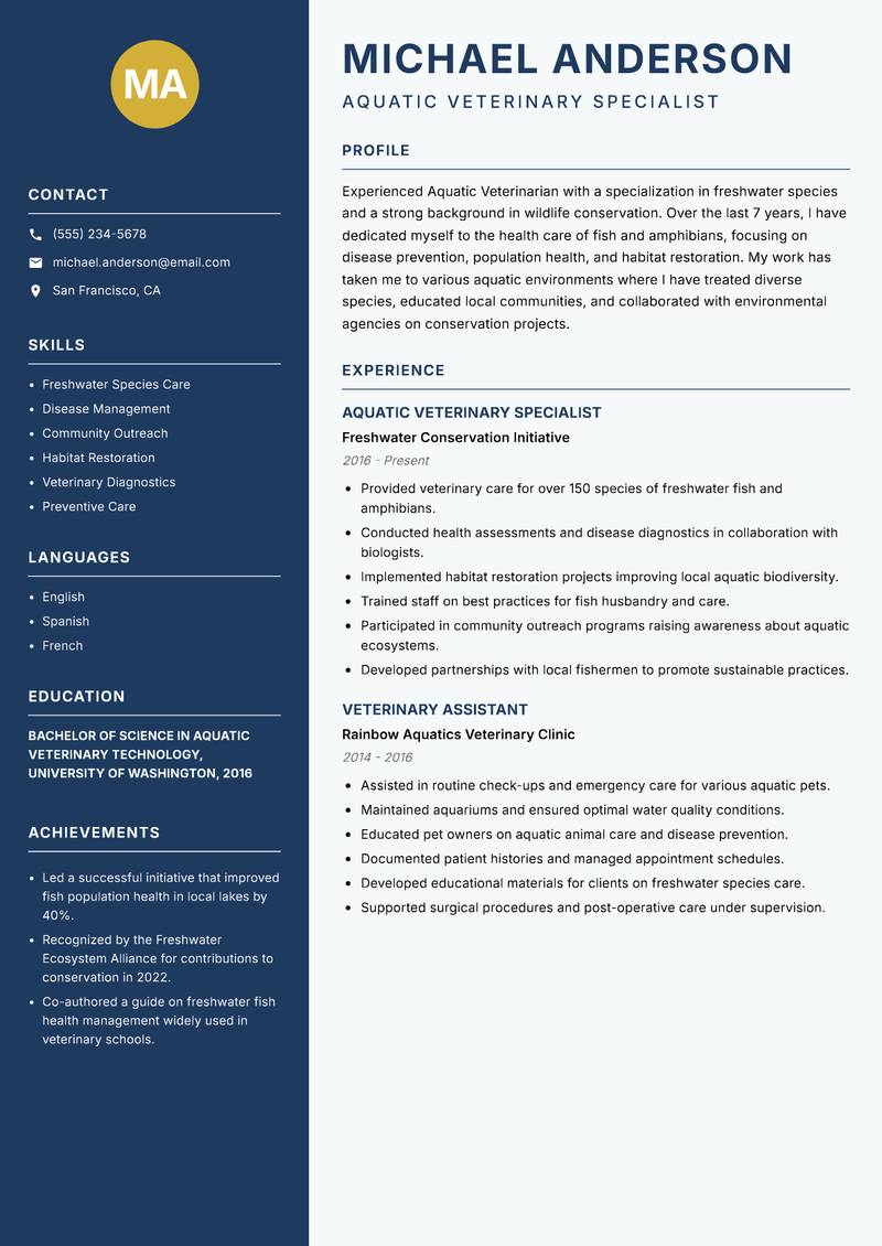 Aquatic Veterinarian resume sample — Aquatic Veterinary Specialist focus
