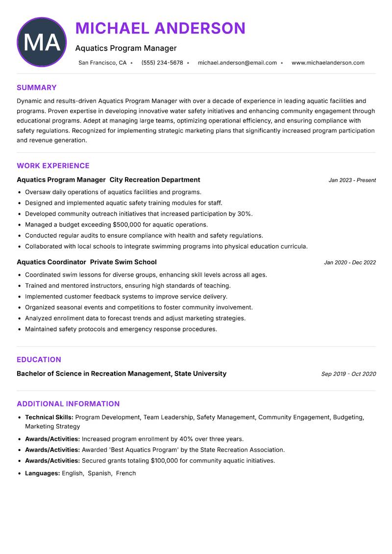 Aquatics Program Manager resume example