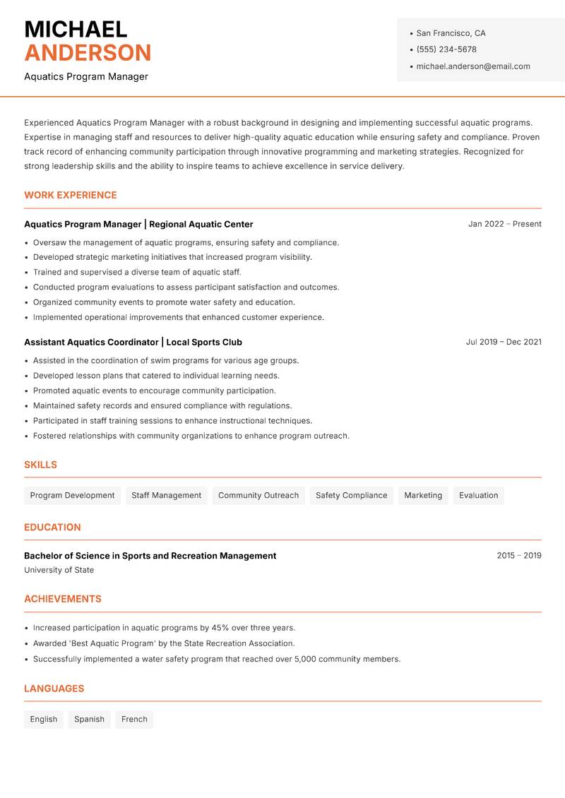Aquatics Program Manager resume sample — Aquatics Program Manager focus