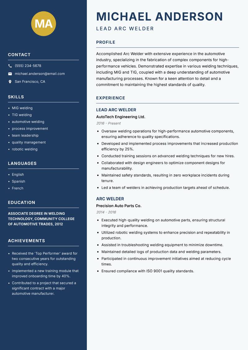Arc Welder resume sample — Lead Arc Welder focus