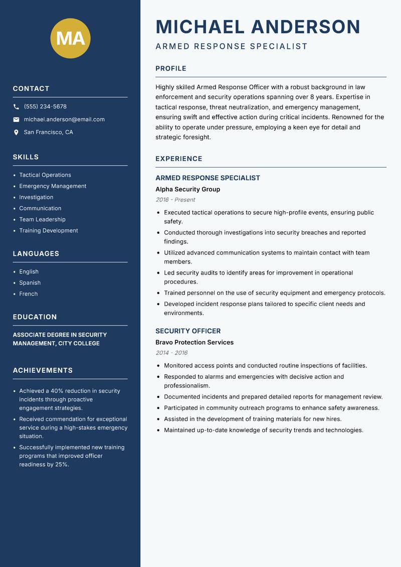 Armed Response Officer resume sample — Armed Response Specialist focus