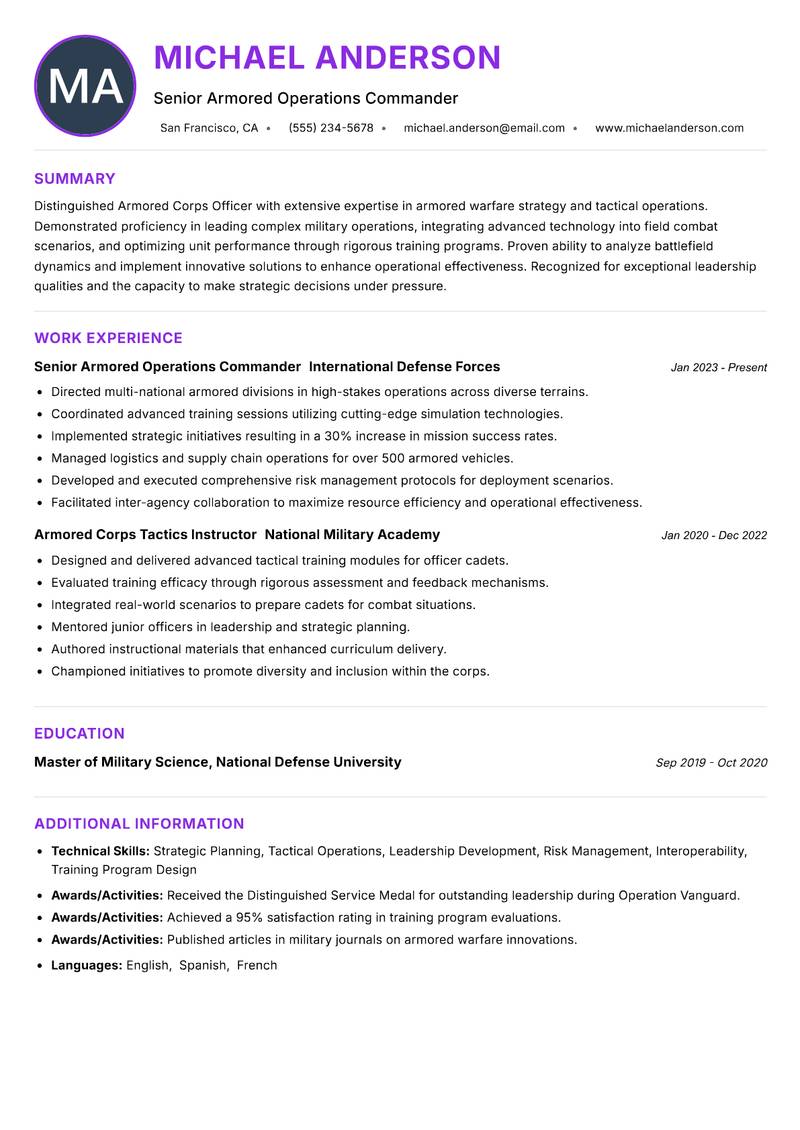Armored Corps Officer resume example