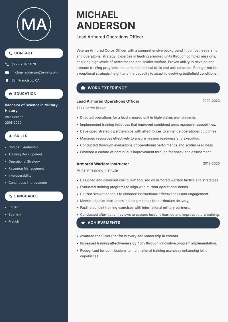 Armored Corps Officer resume sample — Lead Armored Operations Officer focus