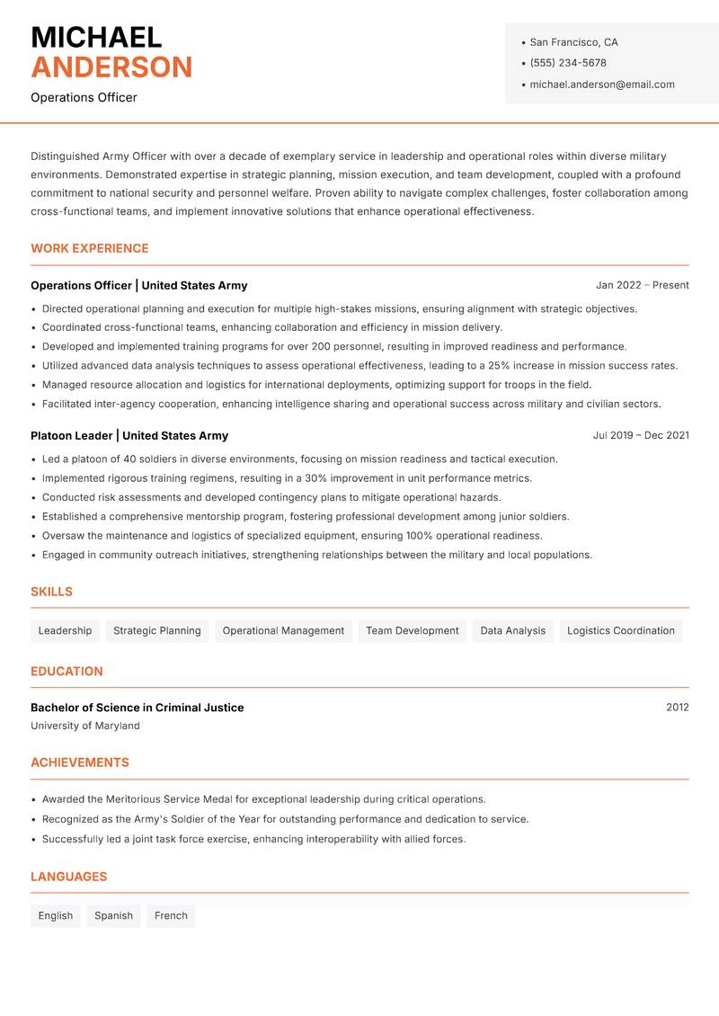 Army Officer resume sample — Operations Officer focus