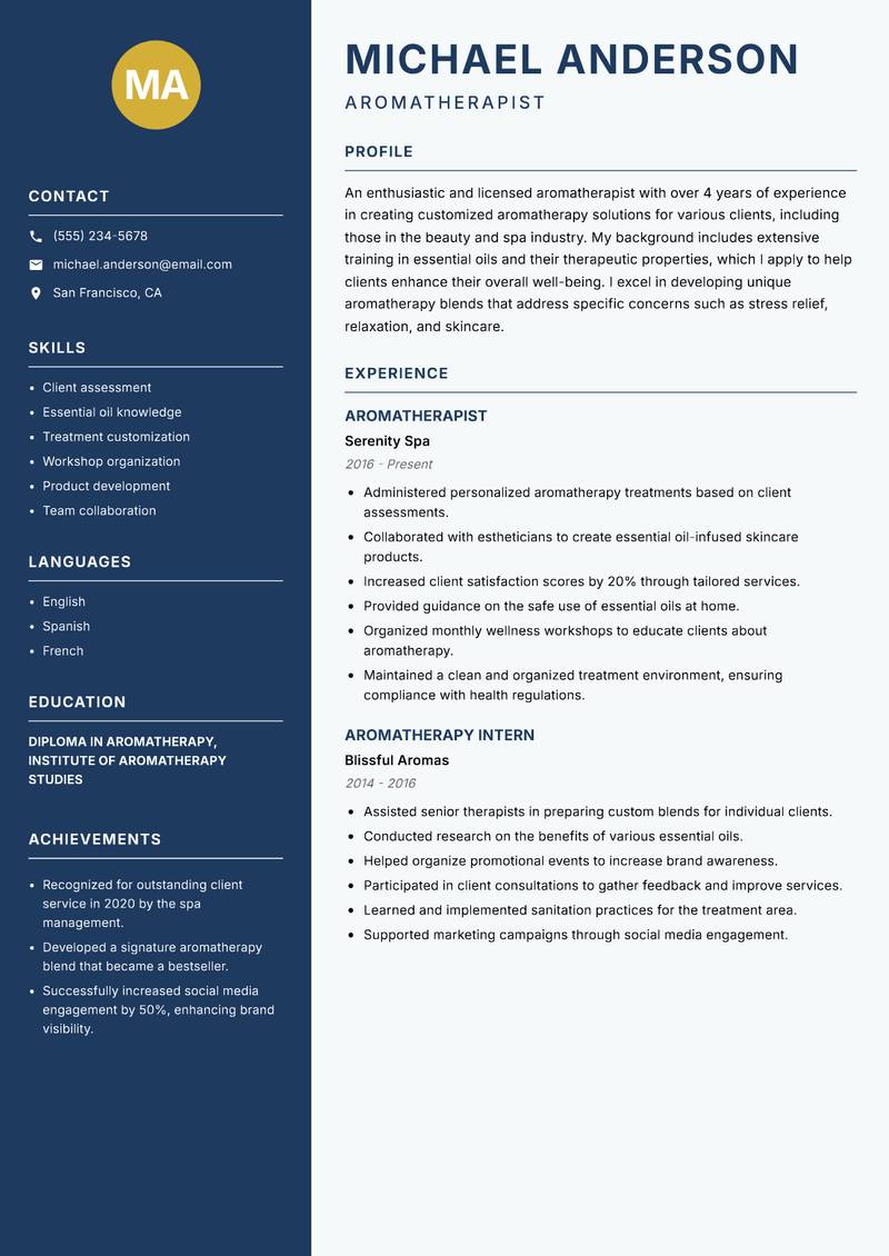 Aromatherapist resume sample — Aromatherapist focus