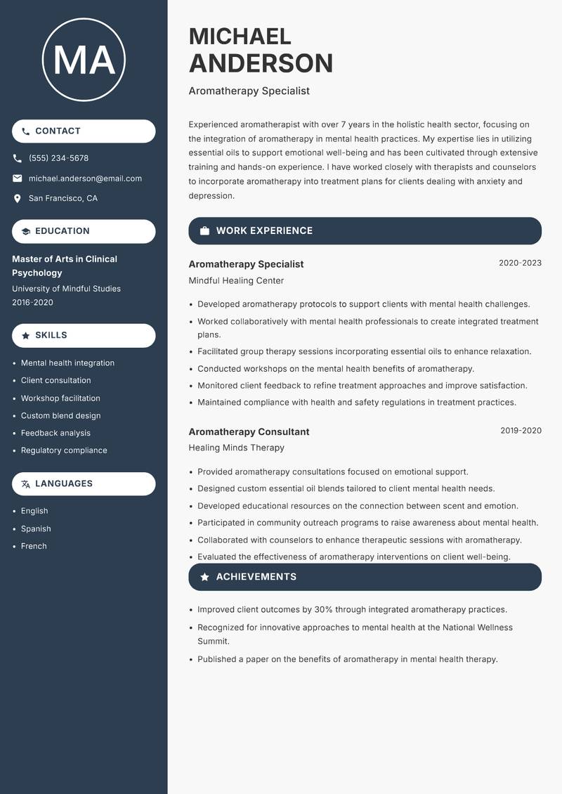 Aromatherapist resume sample — Aromatherapy Specialist focus