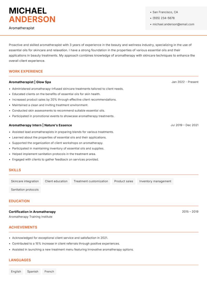 Aromatherapist resume sample — Aromatherapist focus