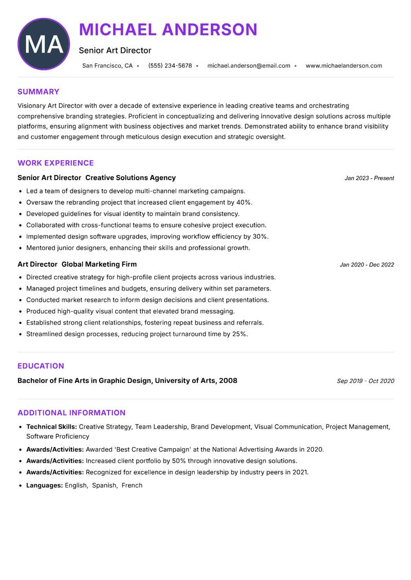Art Director resume example — Film & Television