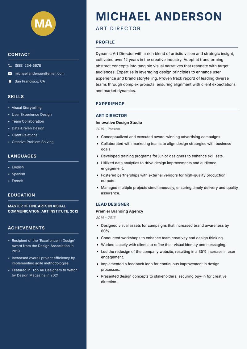 Art Director resume sample — Art Director focus