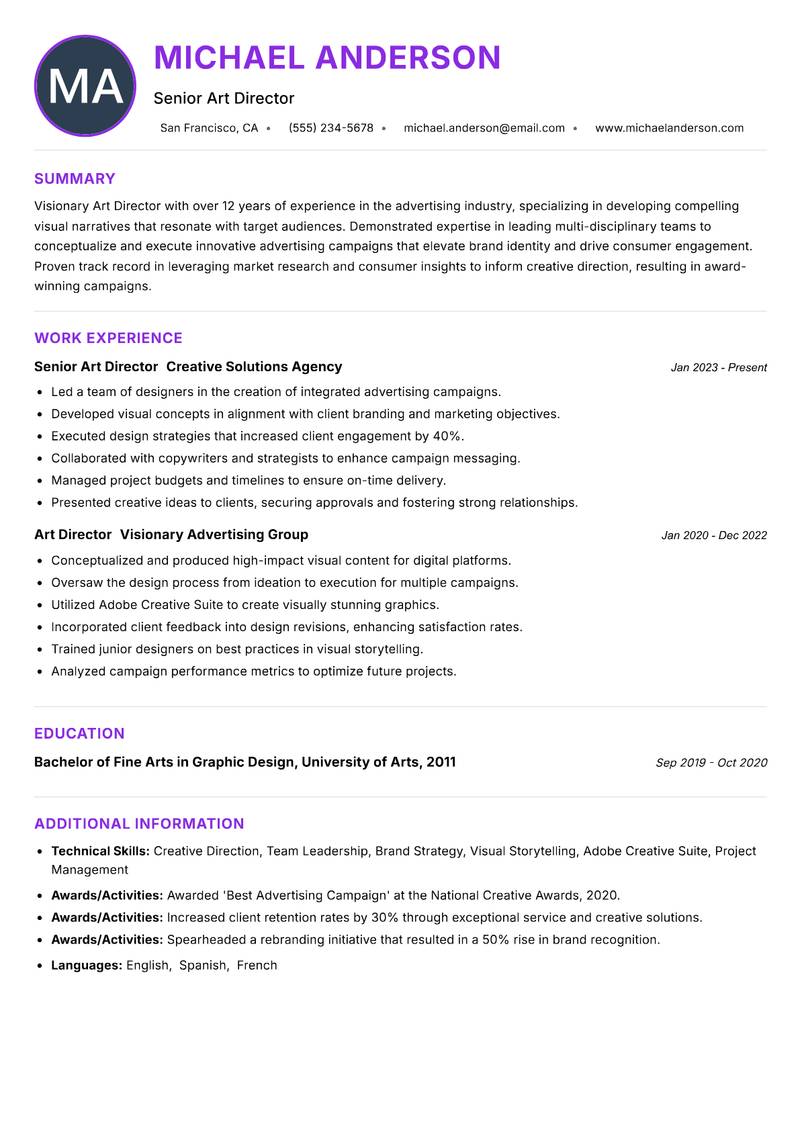 Art Director Advertising resume example
