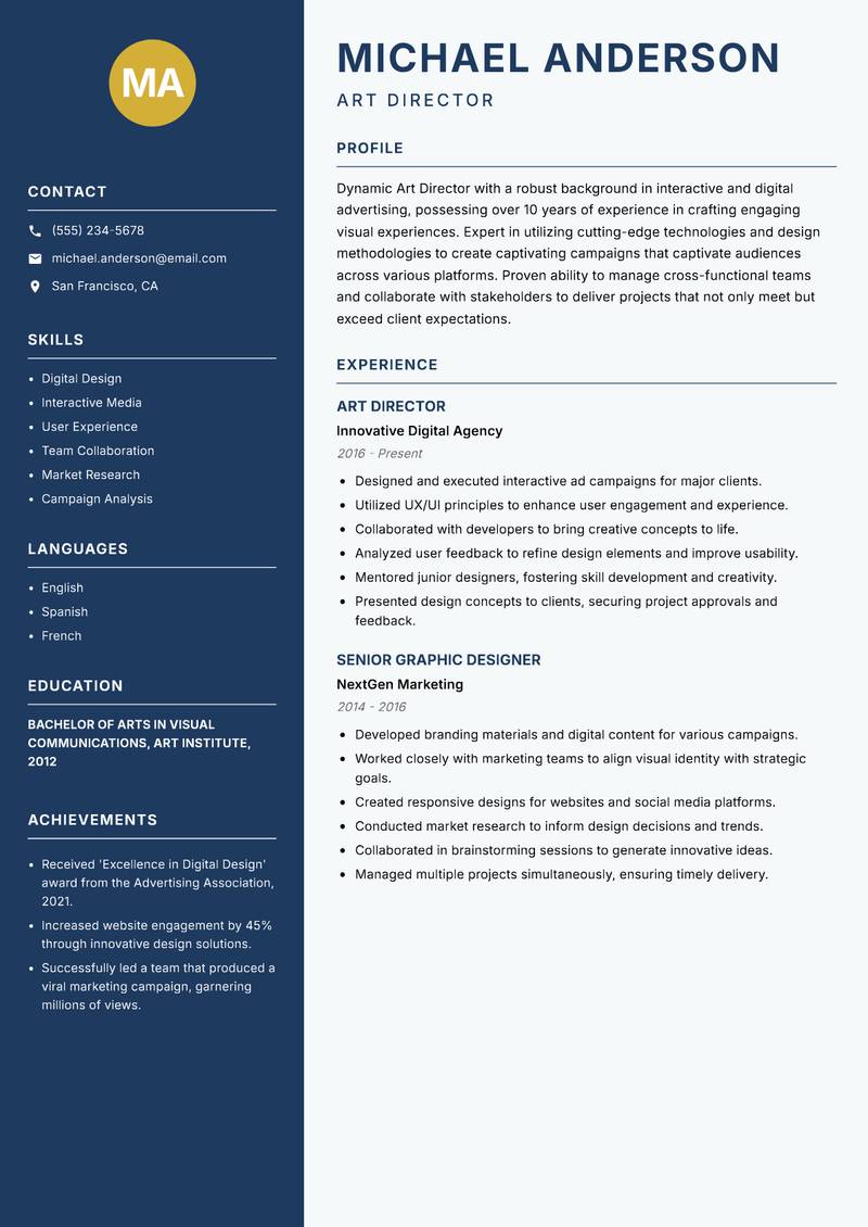 Art Director Advertising resume sample — Art Director focus