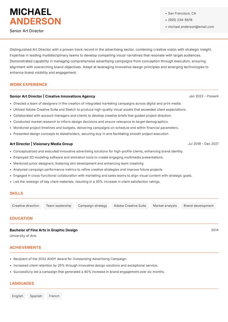 Art Director Advertising resume sample — Senior Art Director focus