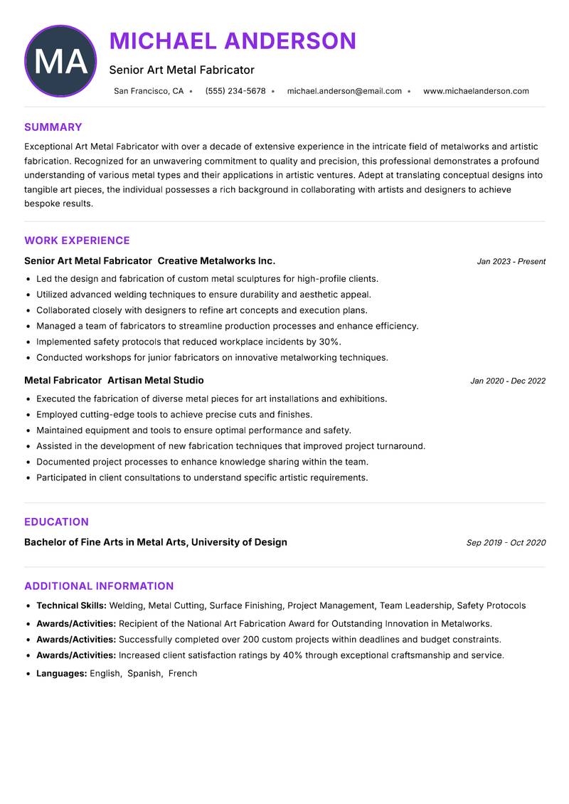 Art Metal Fabricator resume example